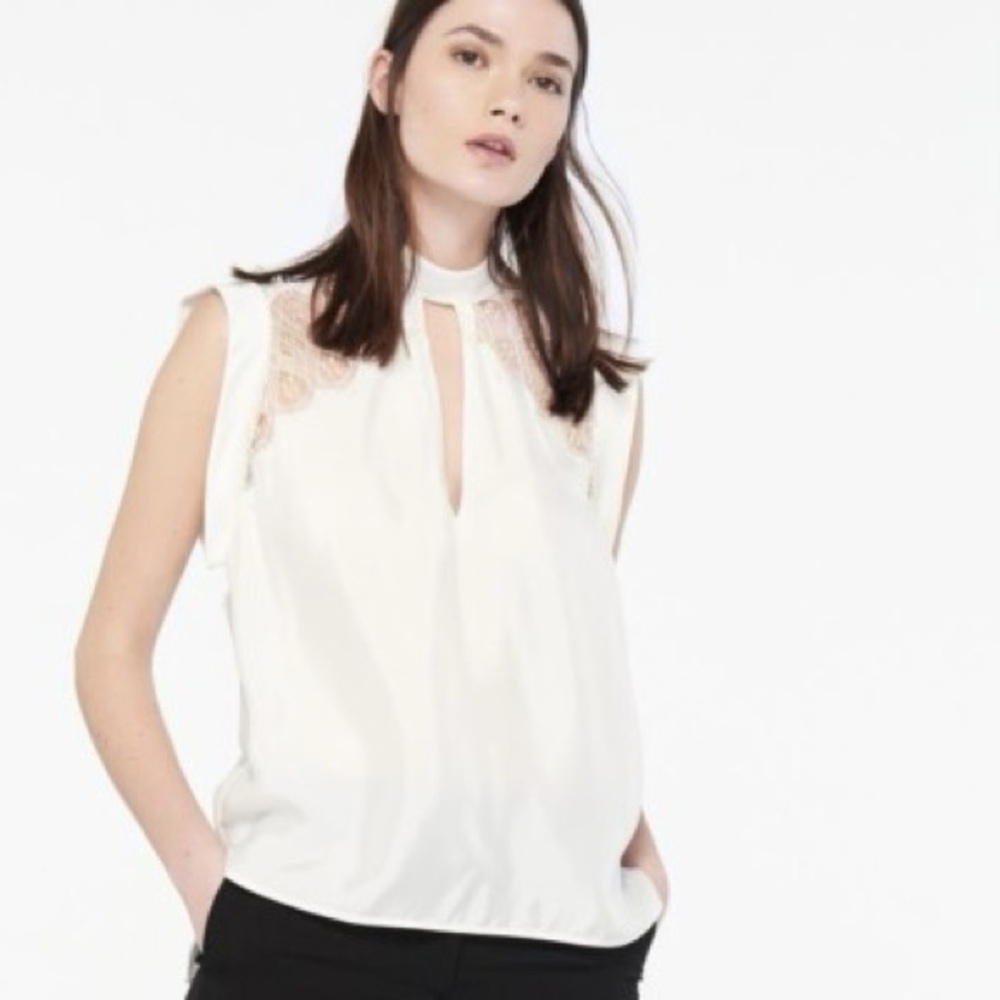Sandro valley top paris cami bow Sleeveless Ivory Lace-Trim Mock Neck Top
